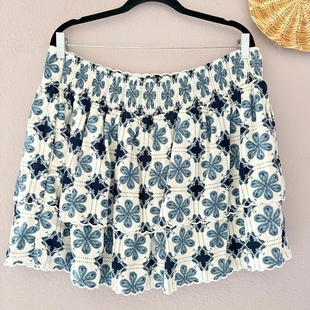 Agua Bendita Target Blue Floral Tiered Mini Skirt XXL Smocked Linen Blend